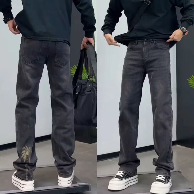 黑灰色牛仔裤男直筒2026夏季新款美式休闲椰子树弹力刺绣耐磨长裤