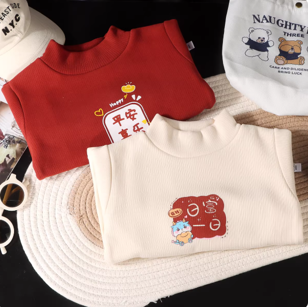 儿童长袖半高领拜年服男童加绒厚款女童宝宝保暖卫衣