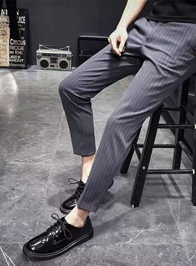 秋季条纹男士休闲裤潮夜店九分裤修身绅士西装裤男发型师9分裤子