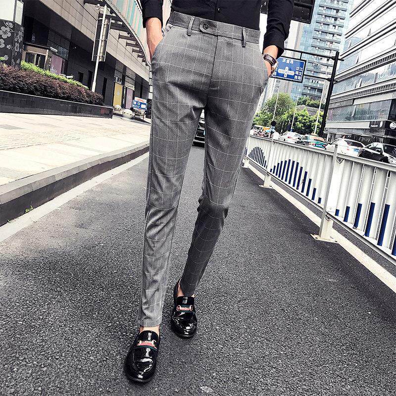 夏季韩版修身休闲小西裤潮流薄款小脚英伦西装裤子男格子九分裤男
