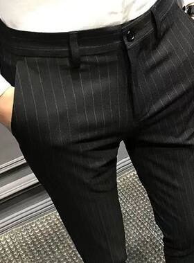 夏季条纹男士休闲裤潮夜店九分裤修身绅士西装裤男发型师9分裤子