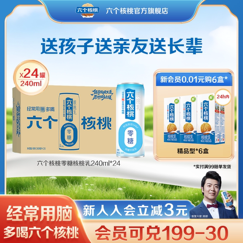 六个核桃无糖型核桃乳240ml*24罐植物蛋白营养核桃乳饮料整箱