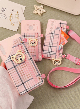 卡通熊头适用OPPOA97手机壳A11X/S57/A58带斜跨绳子Reno12/11/10pro便携零钱包A2x/A9/A72硅胶壳K11x保护皮套