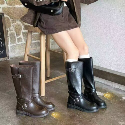 极简风机车高筒靴女2026秋冬擦色做旧双皮带扣粗跟显瘦西部骑士靴