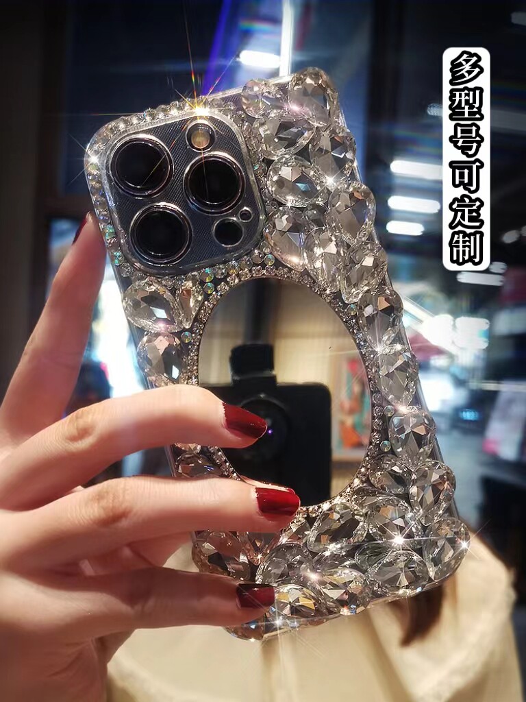 满钻化妆镜适用iPhone15新款14promax苹果13手机壳12pro女款11高级感xs软壳8plus防摔xr奢华镶钻6全包7外壳se