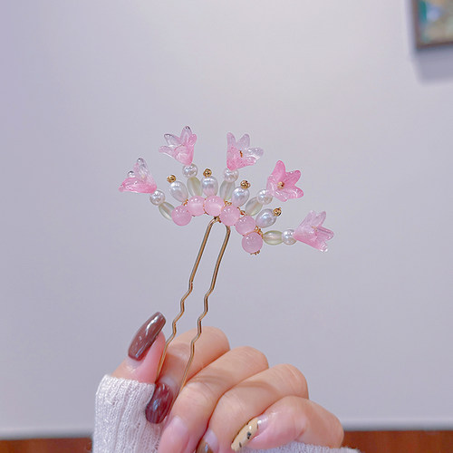 手工编「粉海棠蓝紫黛」古风小U型发钗 汉服仙气头饰造型点缀发簪