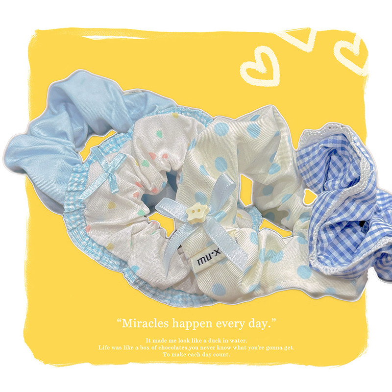 软萌蓝系Lolita风大肠圈 动漫少女感甜美波点格纹发饰 可爱jk头饰