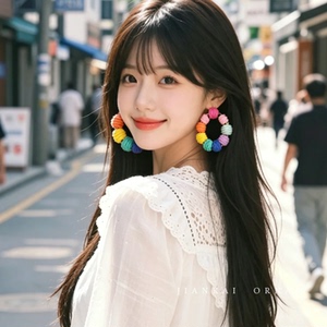 彩色拉菲草球耳圈耳环女小众设计
