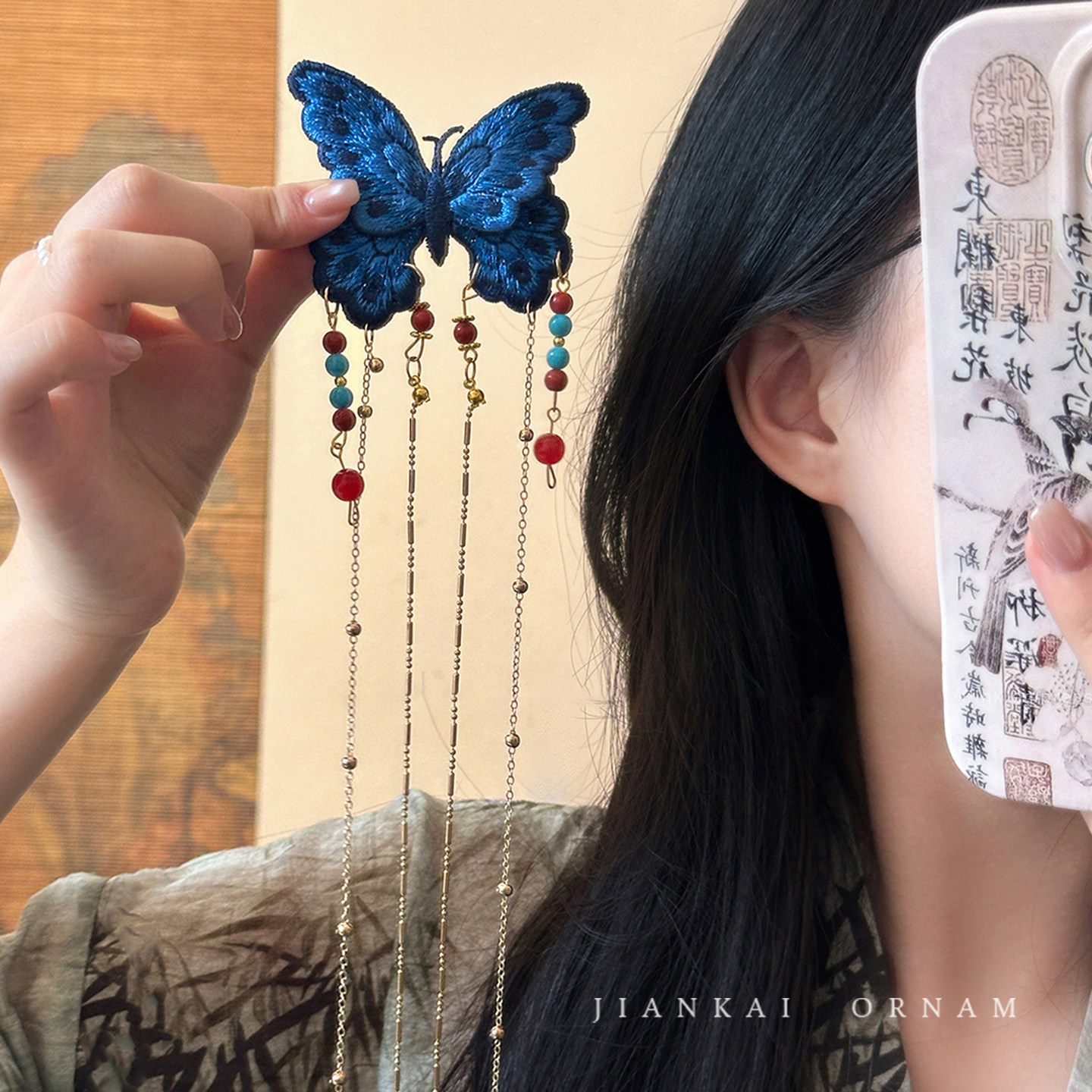 民族风刺绣蓝色蝴蝶流苏发夹女复古彩色串珠边夹发饰古风拍照配饰