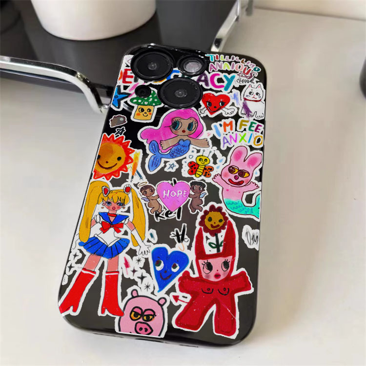 张婧仪涂鸦同款适用苹果15手机壳iPhone11亮面黑12/13/14promax可爱6/7/8plus软套4/5s少女款xsmax防摔保护xr