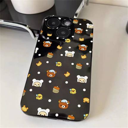 轻松熊可爱适用苹果11手机壳iPhone12/13/14/15/16promax亮面黑6/7/8plus直边xr卡通xsmax防摔保护4/5s少女套
