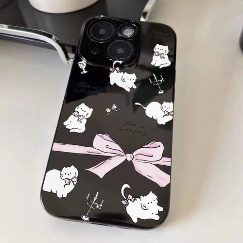 猫咪蝴蝶结适用苹果15手机壳iPhone11亮面黑12/13/14promax日韩风4/5S直边6/7/8PLUS软套XSMAX防摔保护XR潮壳