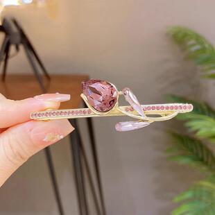 中式新款轻奢紫水晶郁金香一字夹半扎发后脑勺弹簧夹精致侧边夹子