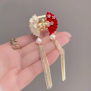 新年红蝴蝶鲨鱼夹盘发发夹女中国风扇子步摇发夹汉服流苏古风抓夹