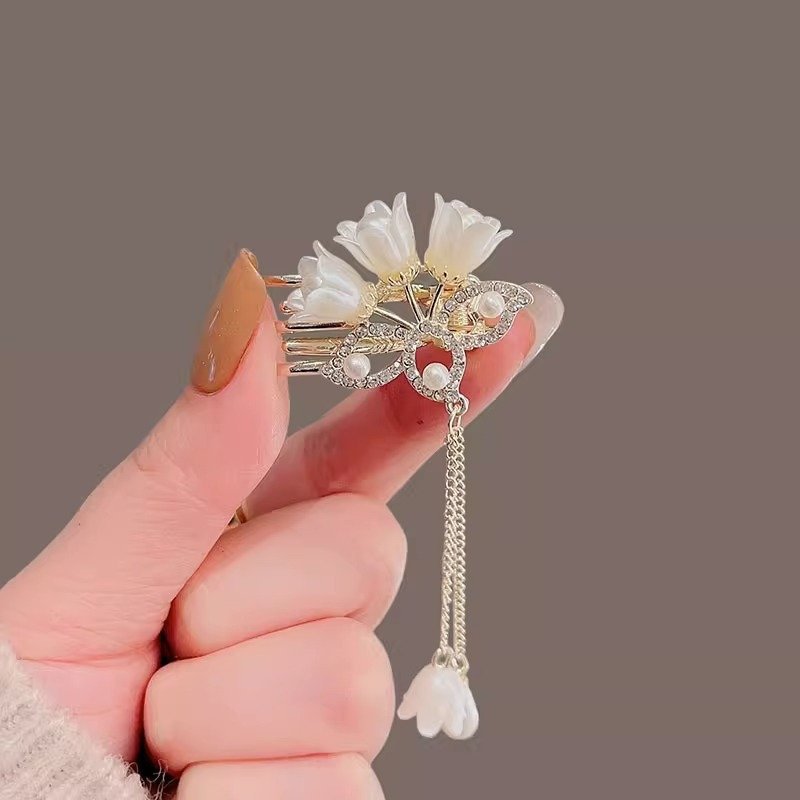 国潮铃兰花流苏发夹女抓夹刘海夹夏季2024新款后脑勺发饰小号发卡