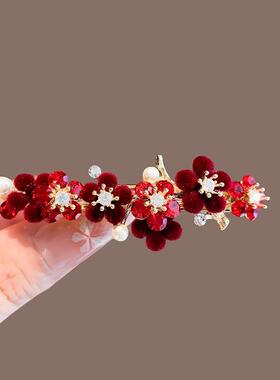 复古红色花朵顶夹发卡气质玫瑰半扎发一字夹马尾弹簧夹侧边发卡女