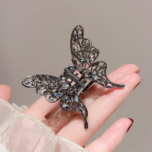 新中式气质满钻镂空蝴蝶鲨鱼夹抓夹黑色高级感半扎发顶夹发夹女