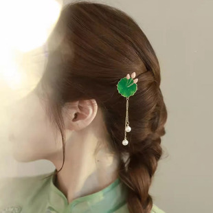 新款国风荷叶流苏发卡女2024新款高级感刘海发夹前额古风汉服头饰