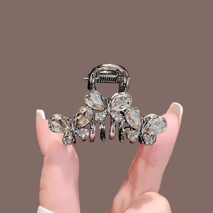 黑色水晶蝴蝶鲨鱼夹中号高级感后脑勺半扎发夹抓夹精致刘海边夹子