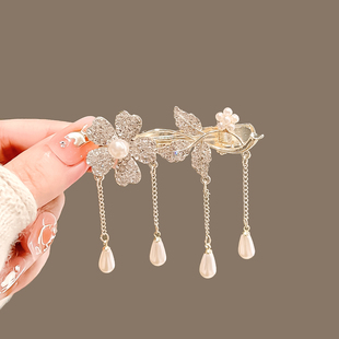 仙美珍珠花朵发夹女春夏流苏侧边刘海夹子简约鸭嘴夹子发卡头饰品