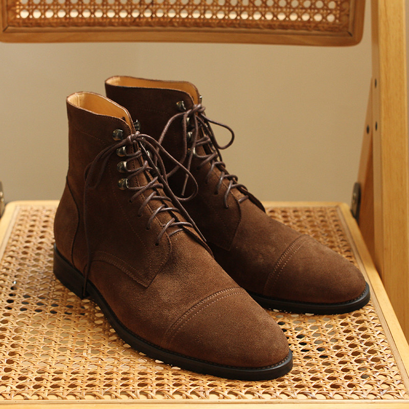 ty鞋履英伦复古日系高帮阿美咔叽工装靴牛反绒磨砂皮马丁靴男皮鞋