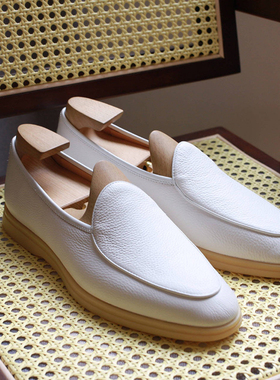 TY鞋履秋季新款英伦头层牛皮白色一脚蹬男鞋牛反绒手工比利乐福鞋