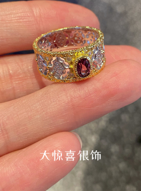 天然石榴石925纯银镀金戒指女布布风轻奢高级感宝石复古蕾丝小众