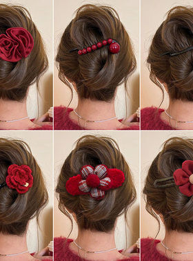红色花朵毛绒扭扭夹发夹女后脑勺高级感一字夹发卡秋冬鸭嘴夹头饰
