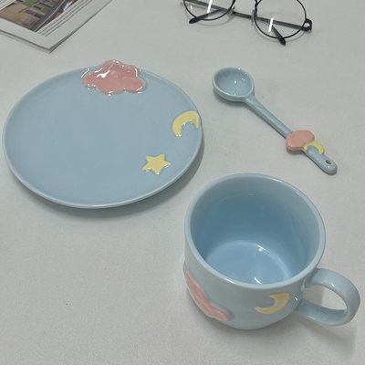 星月创意手绘咖啡杯碟套装陶瓷ins风可爱下午茶碟设计感小众带勺