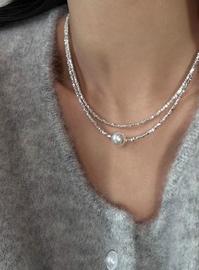 S925纯银碎银珍珠毛衣项链女珍珠毛衣链轻奢高级感锁骨链生日礼物