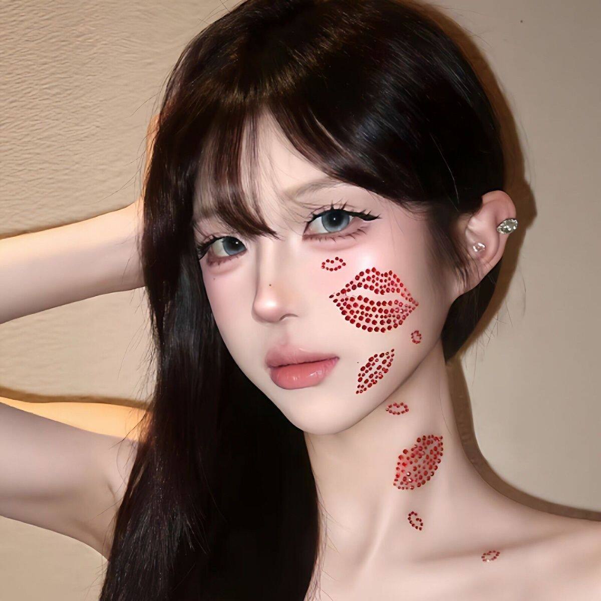 红色唇印妆容贴纸diy女生bling立体彩钻脸部贴纸氛围感出片小神器