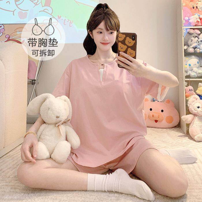 胖MM甜美风带胸垫睡衣女春夏短袖短裤宽松加肥加大码家居服套装