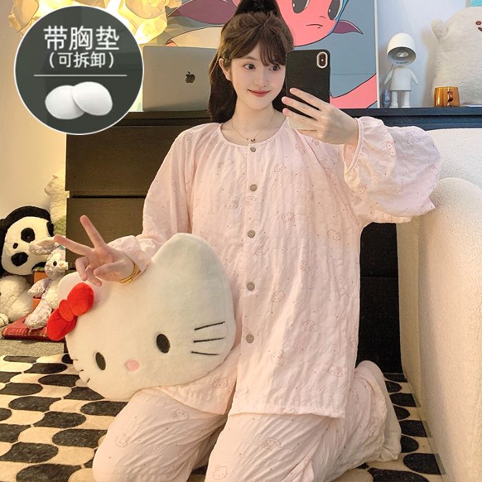 大码女甜美卡通带胸垫睡衣套装