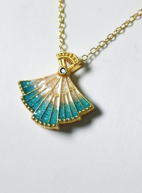 S925纯银景泰蓝掐丝法工艺中国扇子链子吊坠5D工艺夏日项链送礼物