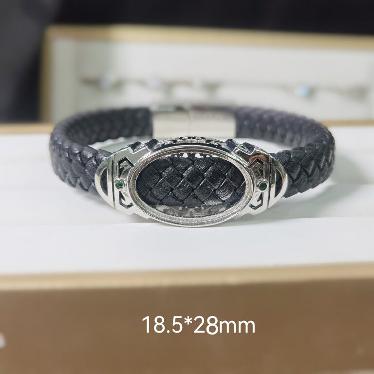 银手镯空托男女牛皮手绳手链DIY