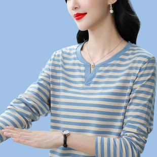 春季2026新款纯棉长袖T恤女装薄款条纹V领上衣妈妈宽松打底衫秋衣