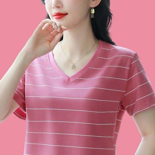 夏装2025新款纯棉短袖T恤女装条纹V领上衣服妈妈宽松显瘦遮肉小衫