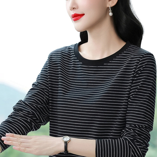 早秋纯棉长袖t恤女装春秋薄款黑白条纹上衣服中年妈妈宽松打底衫