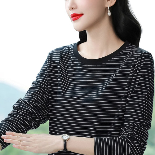 早秋纯棉长袖t恤女装春秋薄款黑白条纹上衣服中年妈妈宽松打底衫