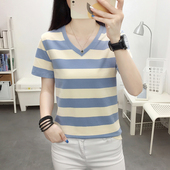 2026新款 大码 t恤女士夏季 宽松纯棉短袖 遮肚子条纹v领体恤上衣 女装