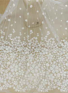 婚纱布面料门窗帘白色钉珠网纱刺绣礼服装头纱连衣裙子手工diy娃