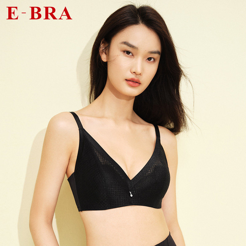 【单层围】E-BRA格子网纱无痕薄款软支撑大胸显小内衣兔耳朵文胸