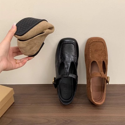 法式复古棕色平底方头玛丽珍鞋秋季新款浅口软底单鞋一脚蹬小皮鞋