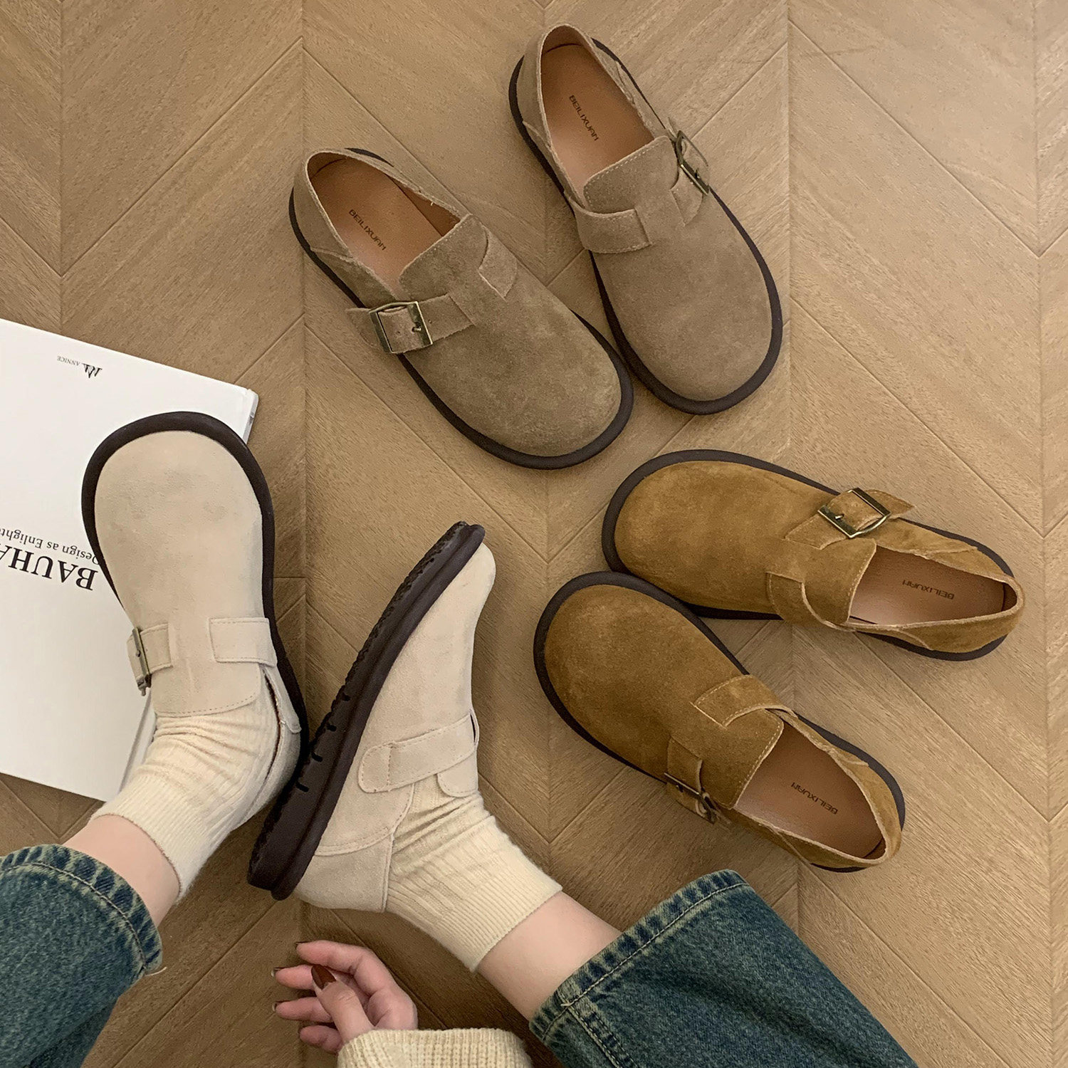 勃肯鞋女2023年秋冬百搭圆头一脚蹬磨砂真皮复古日系平底单鞋