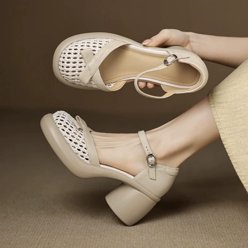 软皮/8cm/小个子增高跟粗跟厚底时尚百搭夏季软包皮包头凉鞋女鞋