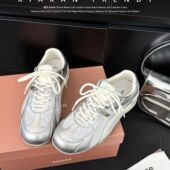 赛车鞋 内增高鞋 女2026年春季 软皮运动休闲鞋 子 新款 银色德训鞋