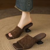 复古软皮半拖鞋 一字拖粗跟高跟鞋 女外穿夏季 露趾凉鞋 凉拖鞋 法式