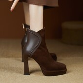 复古防水台粗跟短靴女2023秋冬真皮圆头厚底高跟鞋 通勤时装 靴10cm