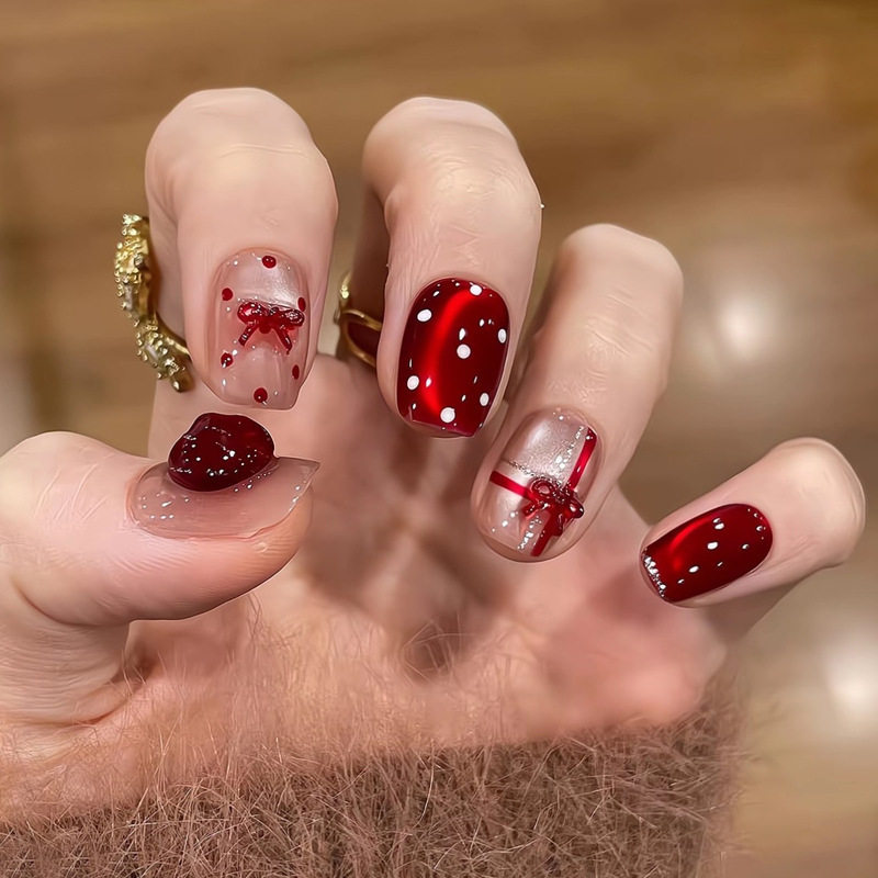 复古红宝石蝴蝶结猫眼显白短款纯手工穿戴甲美甲贴片假指甲3137,彩妆/香水/美妆工具,穿戴甲/甲片,淘宝优惠券,粉丝福利购,淘宝优惠卷