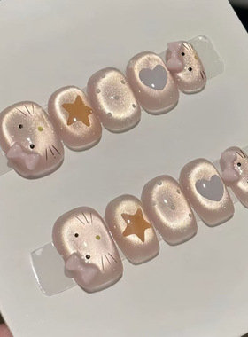 可爱泡芙kt手工穿戴美甲贴片猫咪短款卡通指甲蝴蝶结显白学生3061